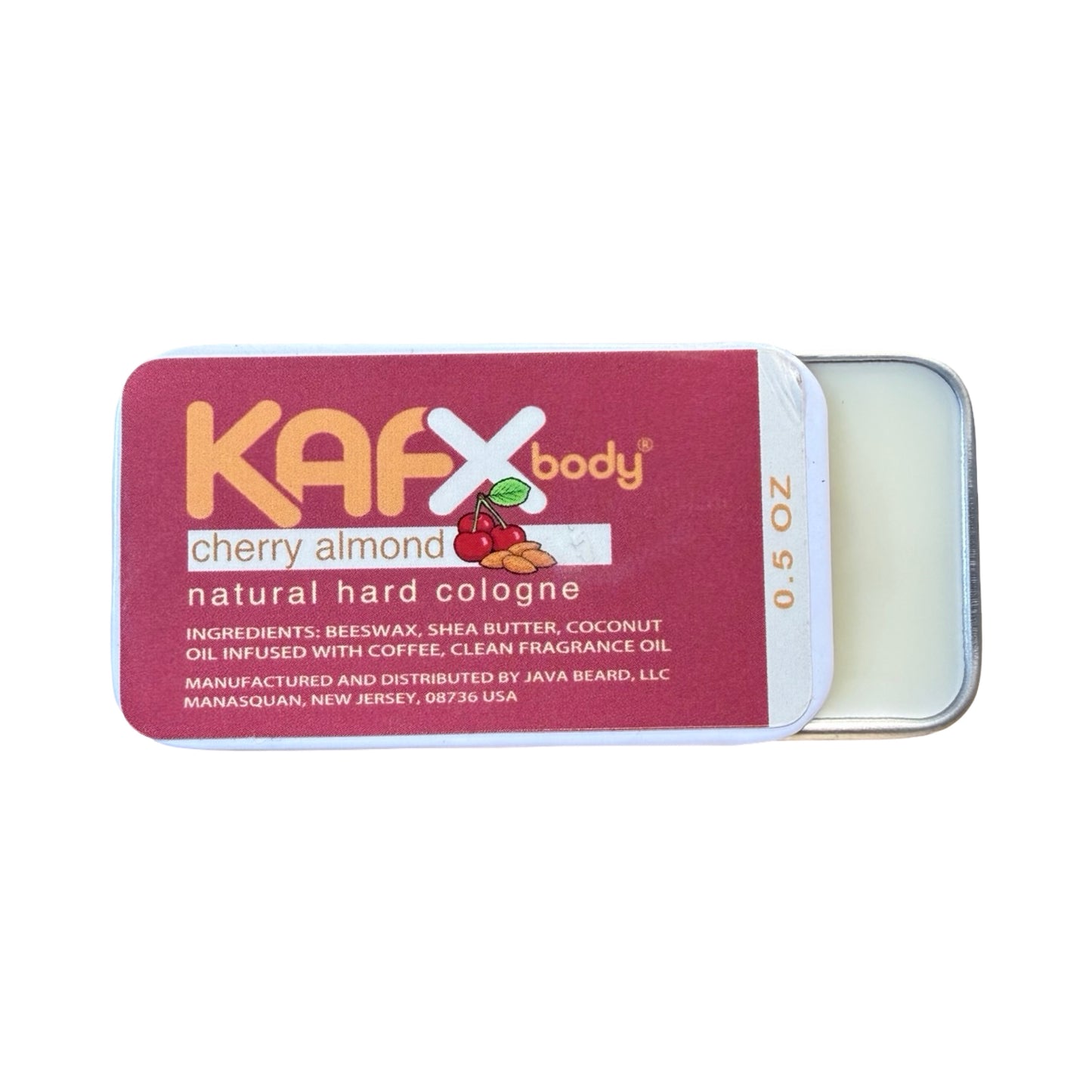 KAFX Body Cherry Almond Natural Hard Cologne (0.5 oz) – Solid Unisex Cologne with Coffee-Infused Coconut Oil, Alcohol-Free, Pocket Size